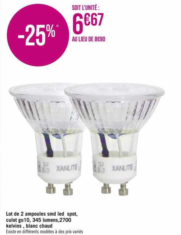 lot de 2 ampoules smd led spot, culot gu 10, 345 lumens, 2700 kelvins, blanc chaud