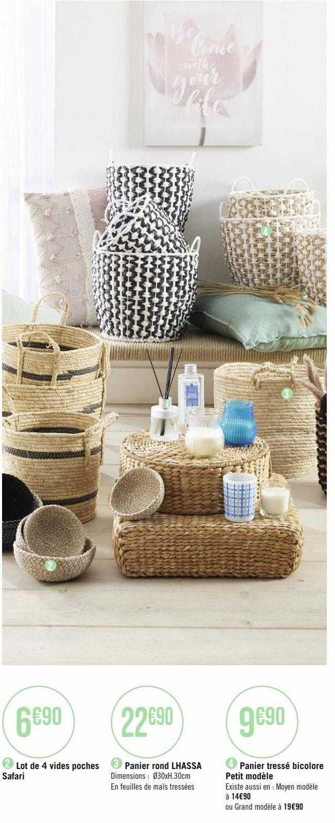 lot de 4 vides poches safari, panier rond lhassa, panier tressé bicolore petit modèle