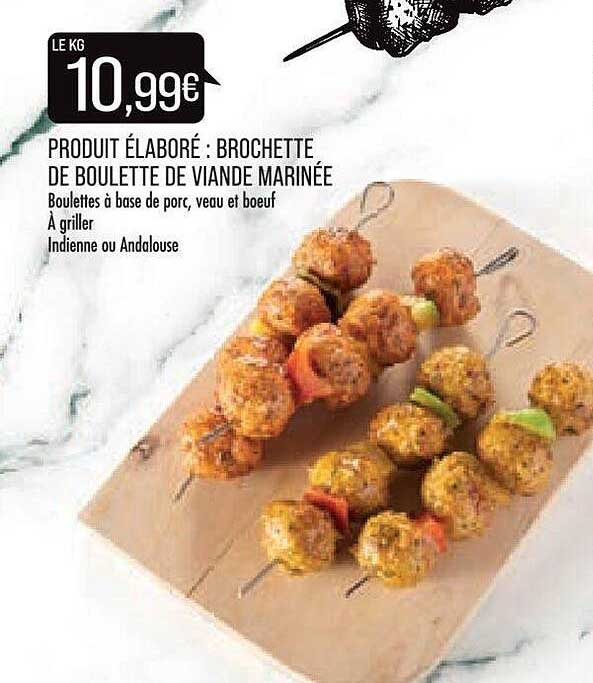 produit élaboré : brochette de boulette de viande marinée