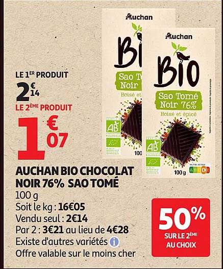 Auchan Bio Chocolat Noir 76% Sao Tomé