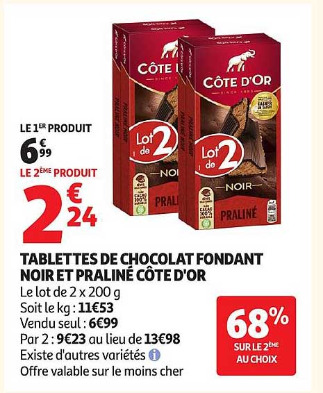 Côte d'Or Tablettes de chocolat fondant noir et praliné