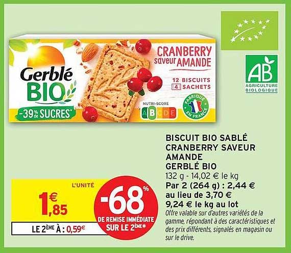 Gerblé BIO Biscuit bio sablé Cranberry saveur amande