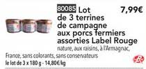 lot de 3 terrines de campagne aux porcs fermiers assorties label rouge