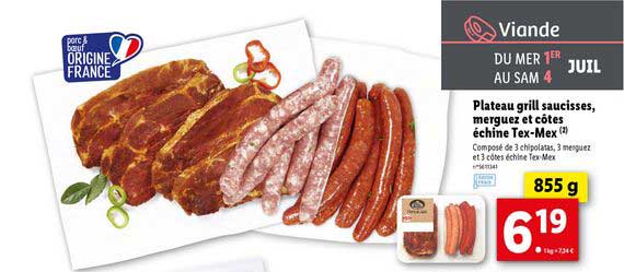 plateau grill saucisses merguez et côtes échine tex mex