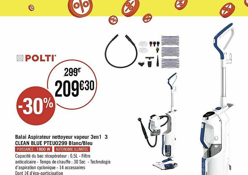 balai aspirateur nettoyeur vapeur 3 en 1 3 clean blue pteu0299 blanc-bleu polti