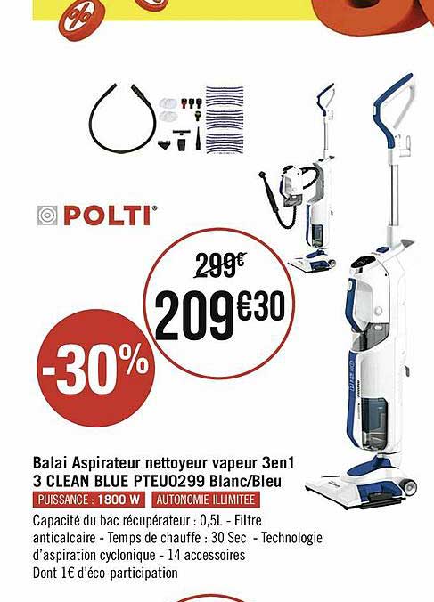balai aspirateur nettoyeur vapeur 3 en 1 clean blue polti pteu0299 blanc-bleu