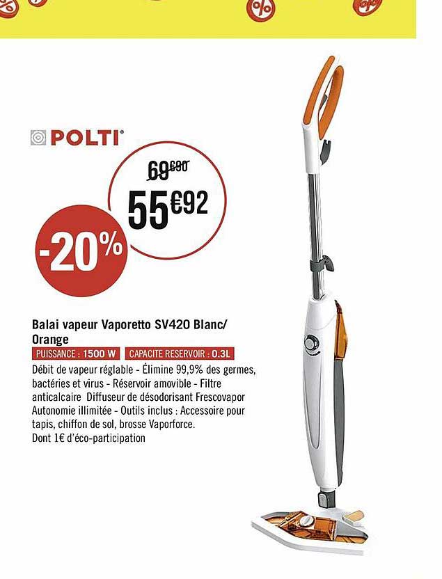 balai vapeur vaporetto sv420 blanc - orange polti