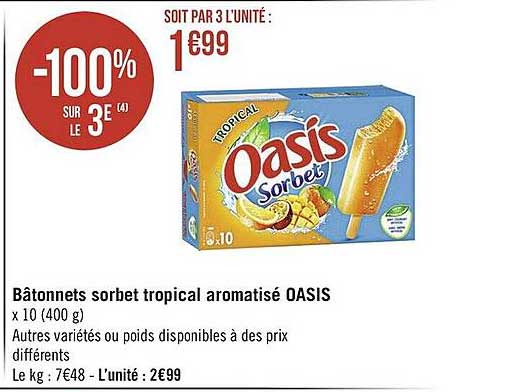 Bâtonnets Sorbet Tropical Aromatisé Oasis