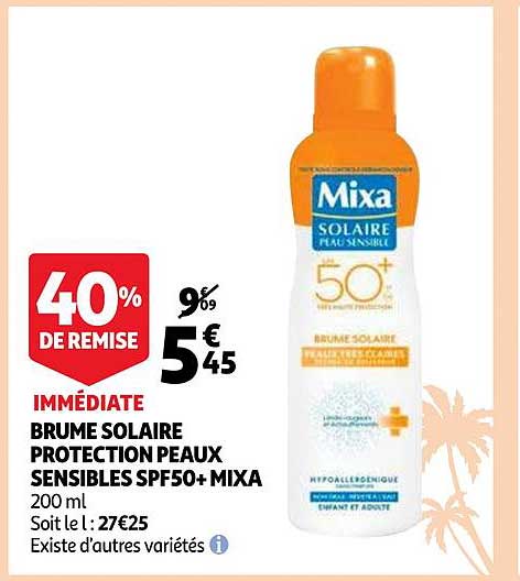 brume solaire protection peaux sensibles spf50+ mixa