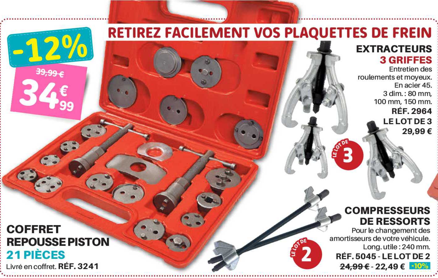 coffret repousse piston 21 pièces extracteur 3 griffes compresseurs de ressorts