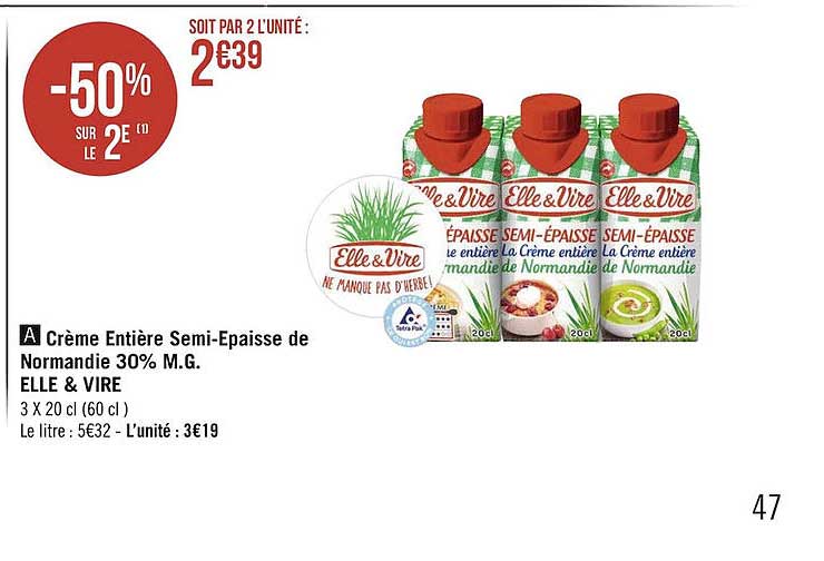 crème entière semi-épaisse de normandie 30% m.g. elle & vire