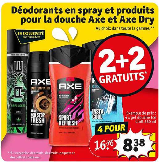déodorants en spray et produits pour la douche axe et axe dry 2+2 gratuits