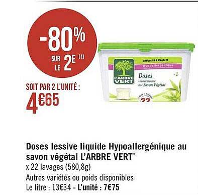 doses lessive liquide hypoallergénique au savon végétal l'arbre vert