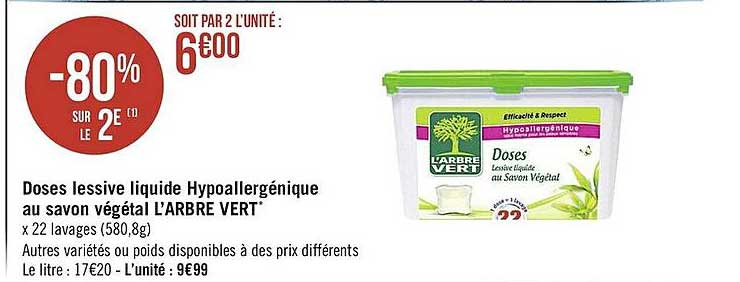 doses lessive liquide hypoallergénique au savon végétal l'arbre vert