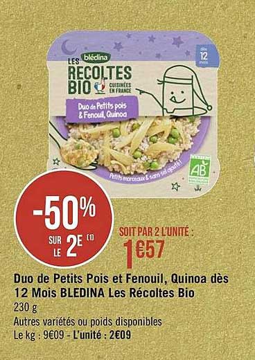 duo de petits pois et fenouil, quinoa dès 12 mois blédina les récoltes bio