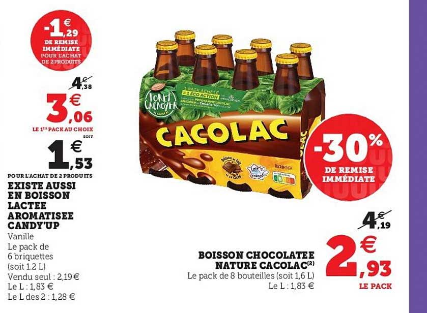 existe aussi en boisson lactée aromatisée candy'up, boisson chocolatée nature cacolac