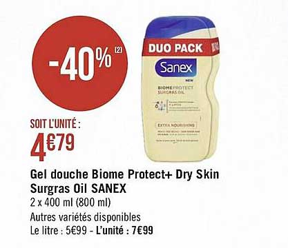 gel douche biome protect+ dry skin surgras oil sanex