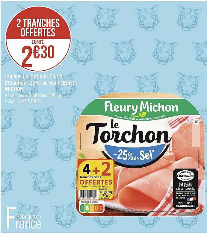 jambon le torchon cuit à l'étouffée -25% de sel fleury michon