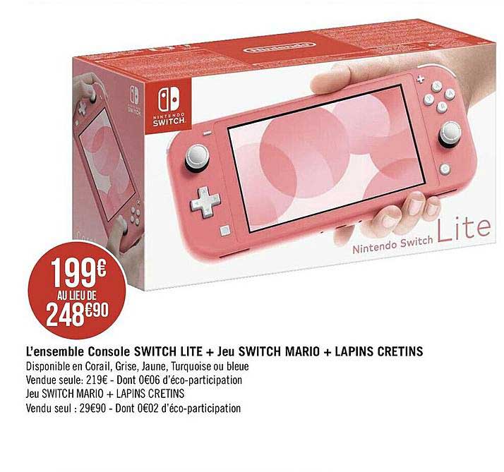 l'ensemble console switch lite + jeu switch mario + lapins cretins