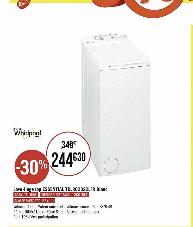 lave-linge top essential tdlr62332lfr blanc whirlpool