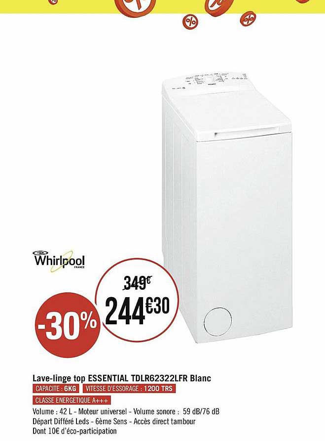lave-linge top essential whirlpool tdlr62322lfr blanc
