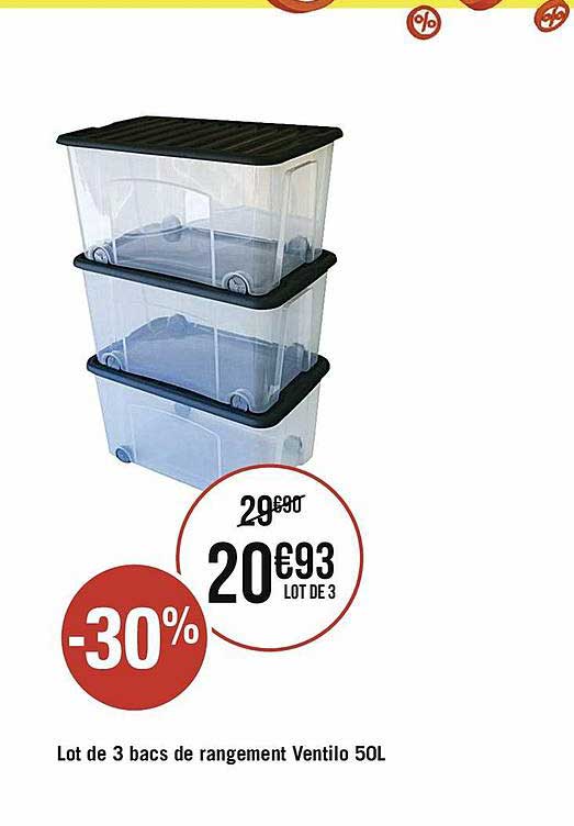 lot de 3 bacs de rangement ventilé 50l