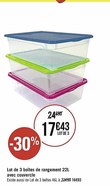 lot de 3 boîtes de rangement 22l avec couvercle
