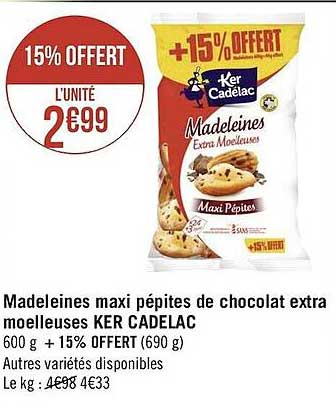 madeleines maxi pépites de chocolat extra moelleuses ker cadelac
