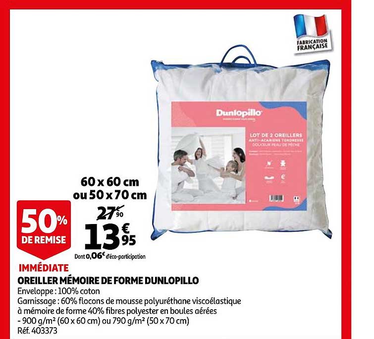 Oreiller Mémoire De Forme Dunlopillo : 60 X 60 Cm Ou 50 X 70 Cm