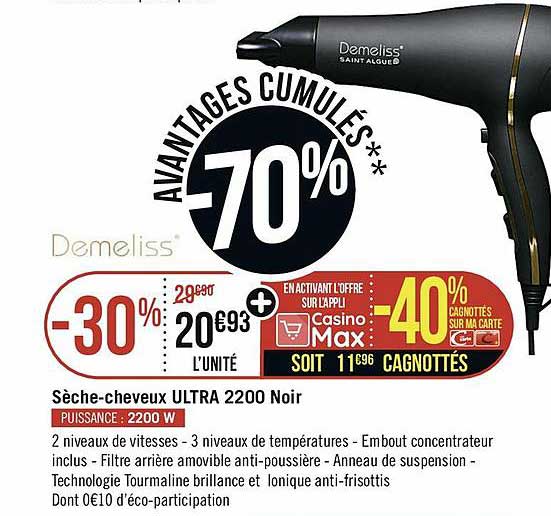 Sèche-cheveux Ultra 2200 Noir Demeliss