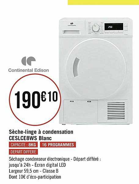 sèche-linge à condensation ceslce8ws blanc continental edison