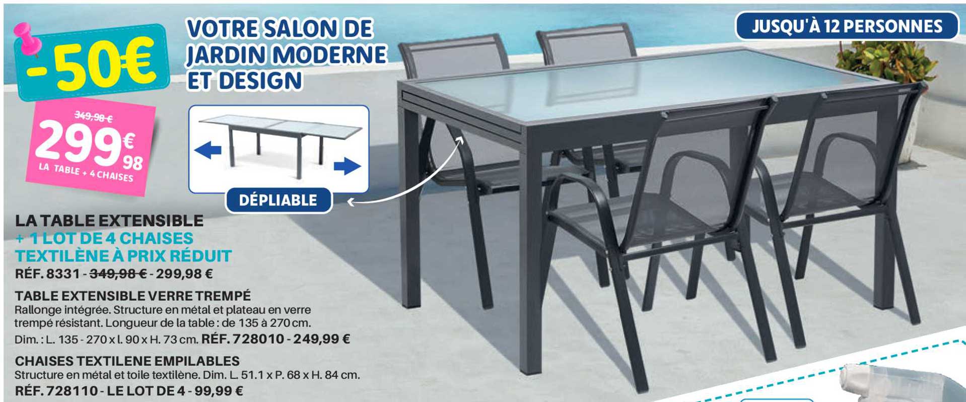 table extensible verre trempé chaises textilene empilables