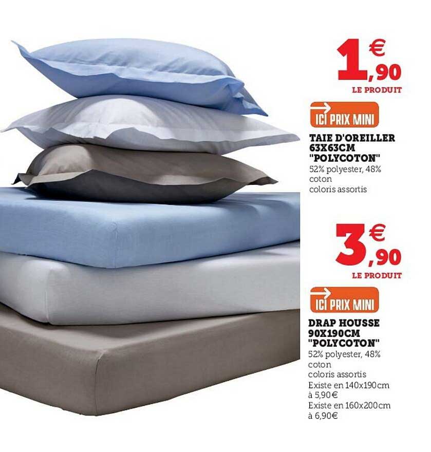 taie d'oreiller 63 x 63 cm "polycoton", drap housse 90 x 190 cm "polycoton"