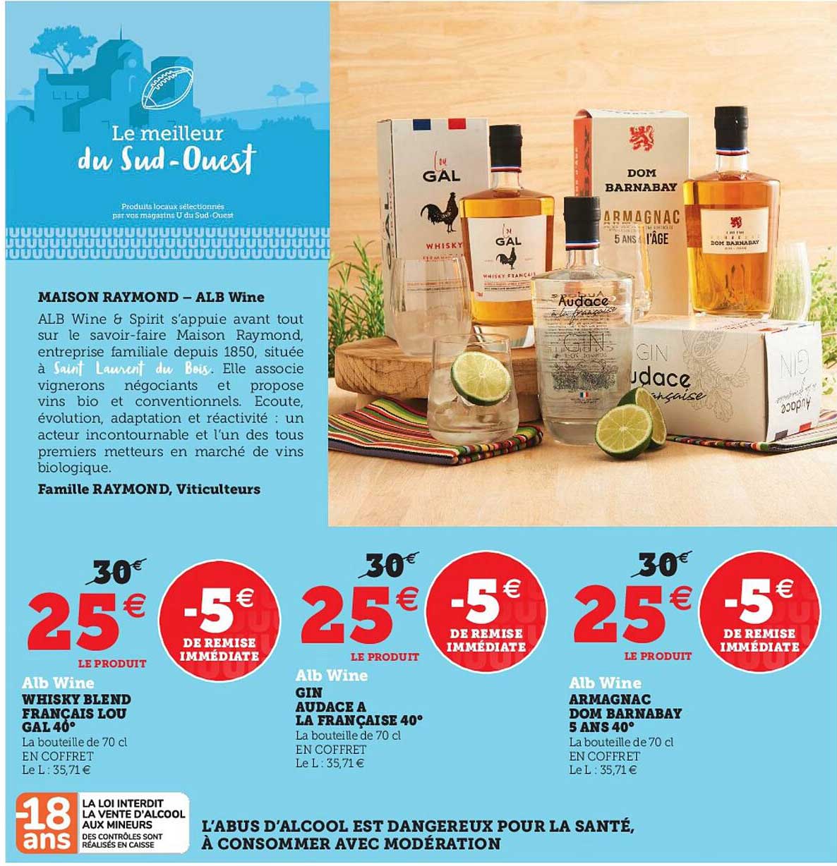 whisky blend français lou gal 40°, gin audace à la française 40°, armagnac dom barnabay 5 ans 40°