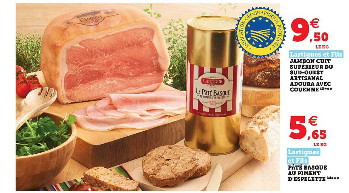 jambon cuit supérieur du sud-ouest artisanal adoura avec couenne, pâté basque au piment d'espelette