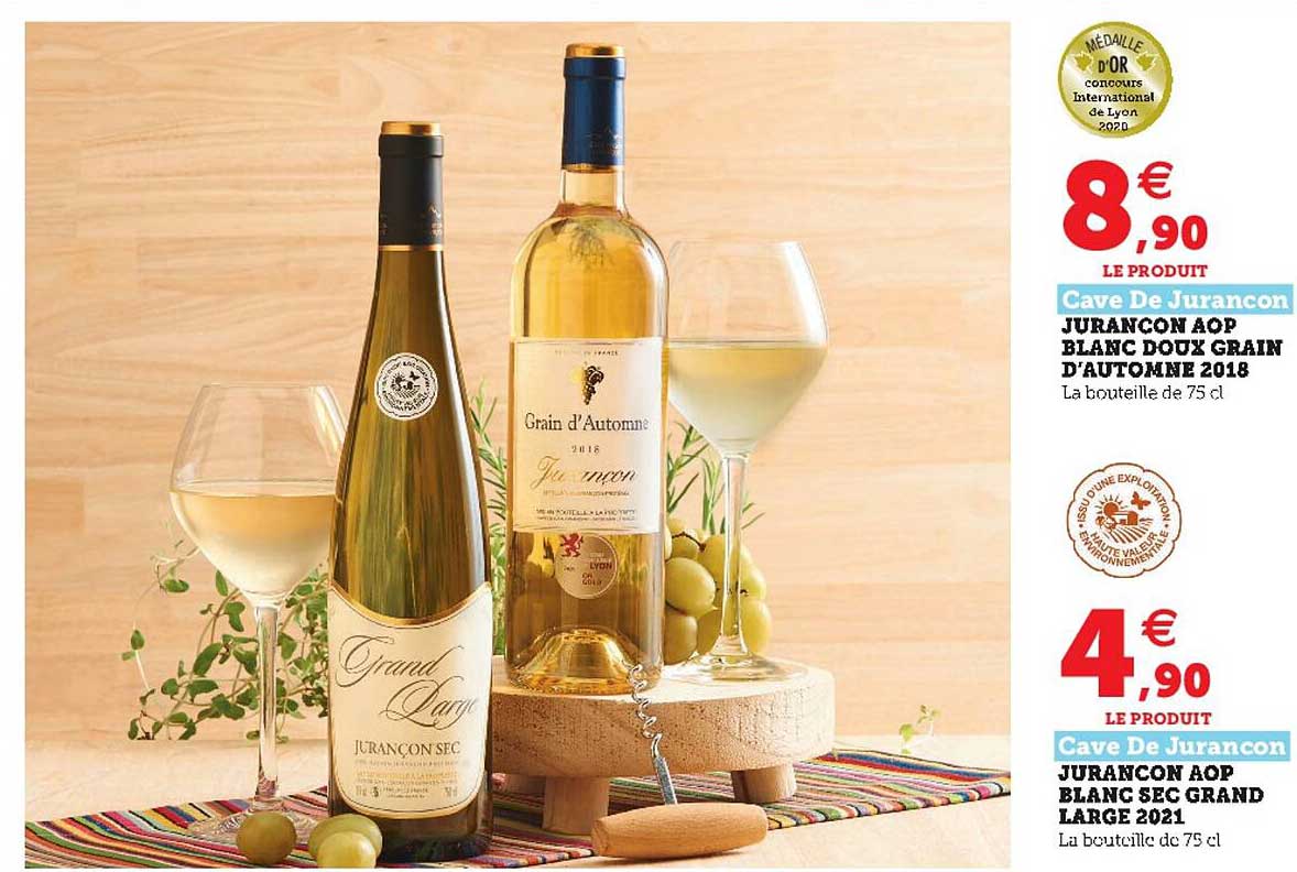 jurancon aop blanc doux grain d'automne 2018 cave de jurancon, jurancon aop blanc sec grand large 2021 cave de jurancon