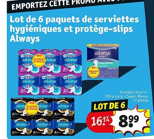 lot de 6 paquets de serviettes hygiéniques et protège-slips always