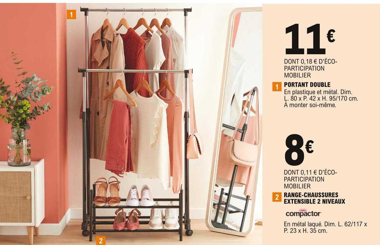 portant double, range-chaussures extensible 2 niveaux compactor