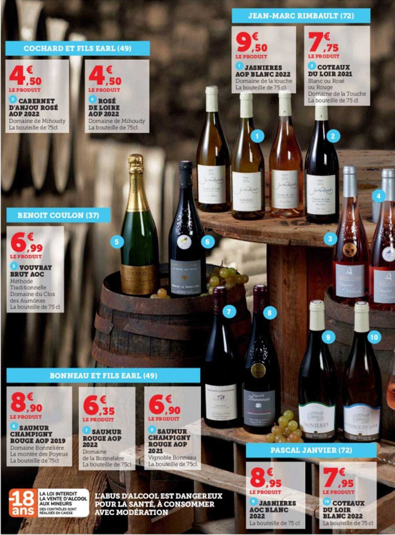 cabernet d'anjou rosé aop 2022, rosé de loire aop 2022, jasnières aop blanc 2022, coteaux du loir 2021, vouvray brut aoc, saumur champigny rouge aop 2019, saumur rouge aop 2022, saumur champigny rouge