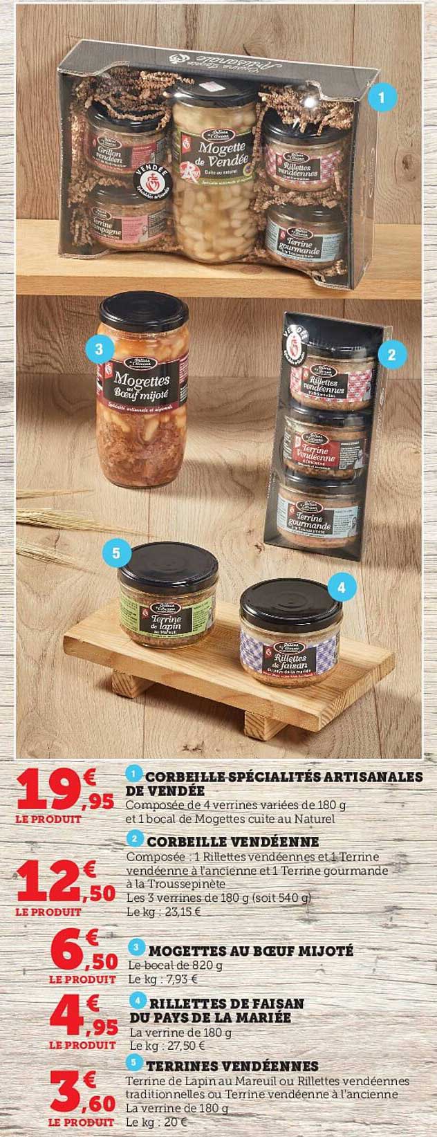 corbeille spécialités artisanales de vendée, corbeille vendéenne, mogettes au bœuf mijoté, rillettes de faisan du pays de la mariée, terrines vendéennes