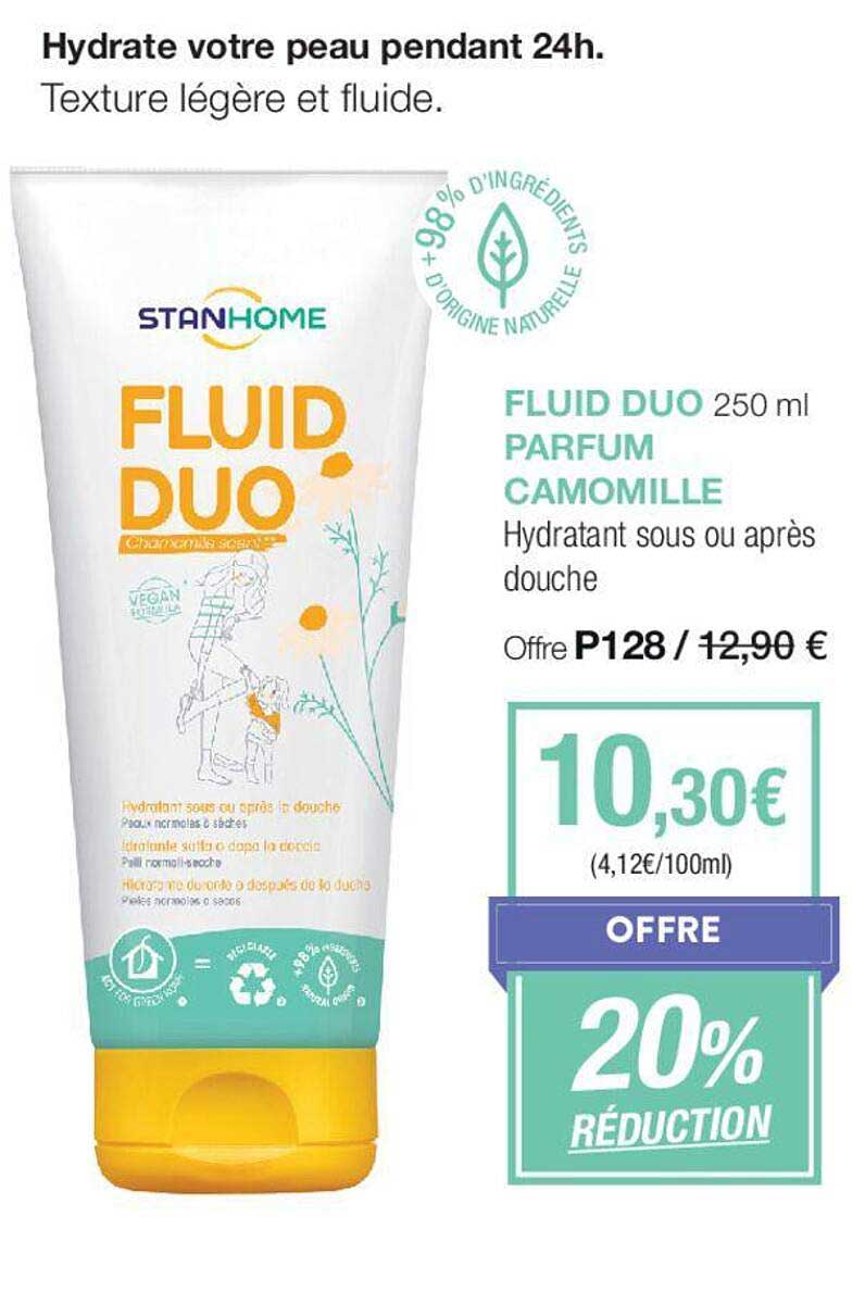 fluid duo parfum camomille hydratant sous ou après douche