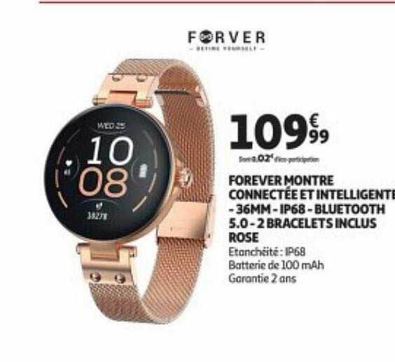forever montre connectée e intelligente 36mm ip68 bluetooth 5.0 2 bracelets inclus rose