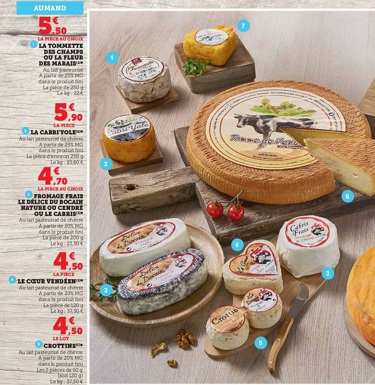 la tommette des champs ou la fleur des marais, la cabri'tole, fromage frais le délice du bocain nature ou cendré ou le cabris, le cœur vendéen, crottins