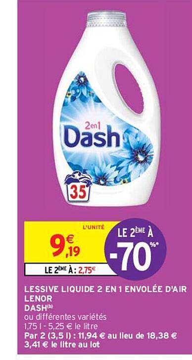 lessive liquide 2 en 1 envolée d'air lenor dash
