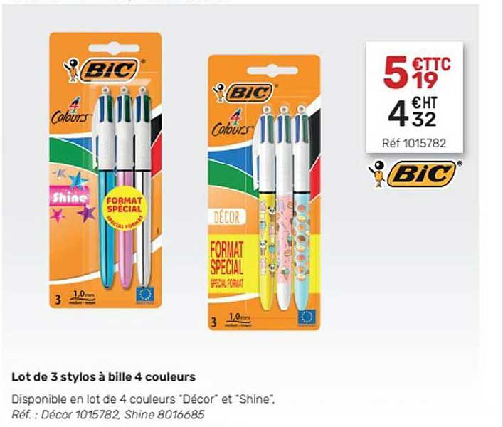 Lot De 3 Stylos à Bille 4 Couleurs Bic