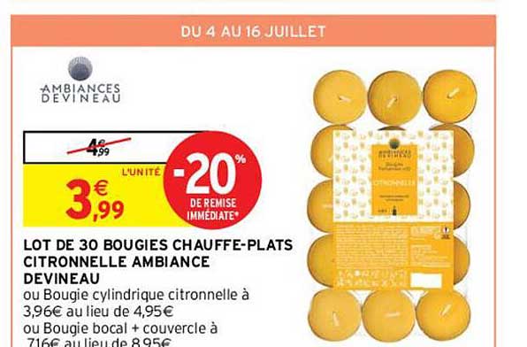 lot de 30 bougies chauffe-plats citronnelle ambiance devineau