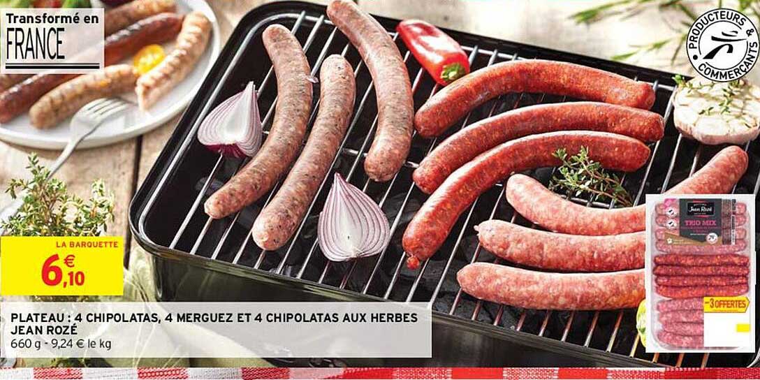 plateau : 4 chipolatas, 4 merguez et 4 chipolatas aux herbes jean rozé