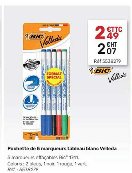 Pochette De 5 Marqueurs Tableau Blanc Velleda Bic