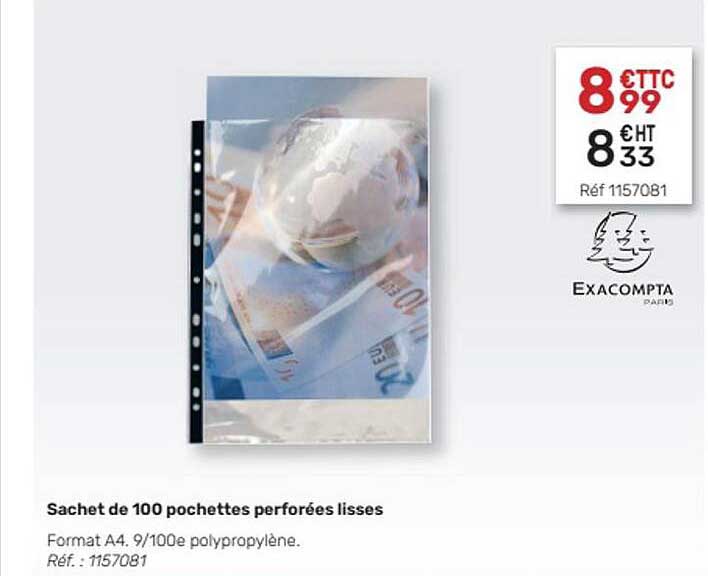 Sachet De 100 Pochettes Perforées Lisses Exacompta