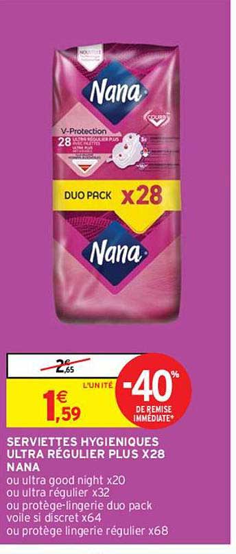 serviettes hygiéniques ultra régulier plus x28 nana